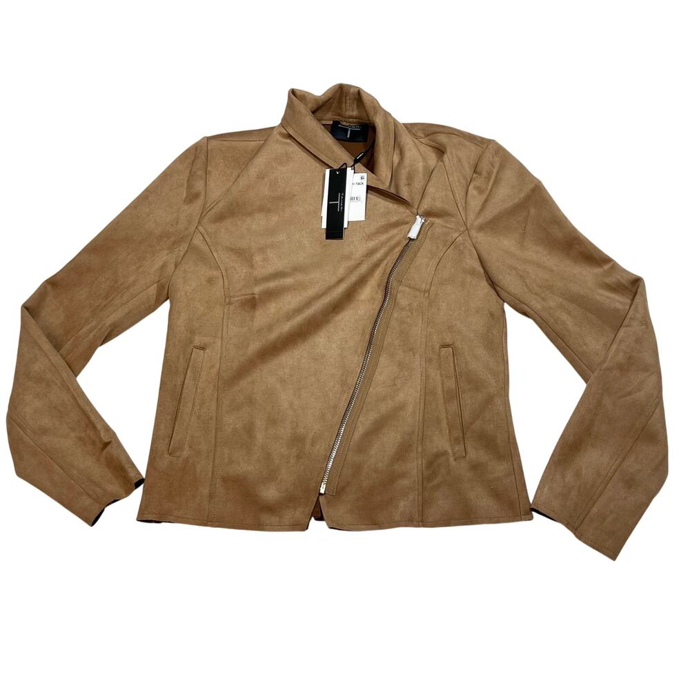 Tahari Faux Suede Moto Jacket Womens Small Asymmetrical Zip Brown New